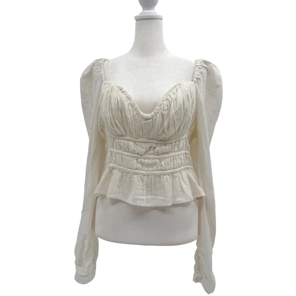 NWT Free People Chloe Smocked Tie Neck Cotton Top Medium White‎ Cream Cottage